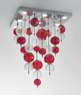 AA1LRG0811 stropne svietidlo 9x4W/LED/2900K/3780lm, 59x59x79cm, chrom/cire/cervene sklo, Handmade in Italy